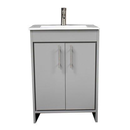 Volpa USA Villa 24" Gray Freestanding Modern Bathroom Vanity With Integrated Ceramic Top and Brushed Nickel Round Handles