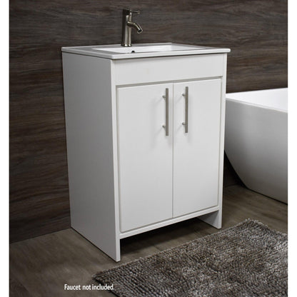 Volpa USA Villa 24" White Freestanding Modern Bathroom Vanity With Integrated Ceramic Top and Brushed Nickel Round Handles