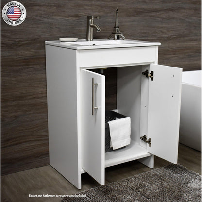 Volpa USA Villa 24" White Freestanding Modern Bathroom Vanity With Integrated Ceramic Top and Brushed Nickel Round Handles