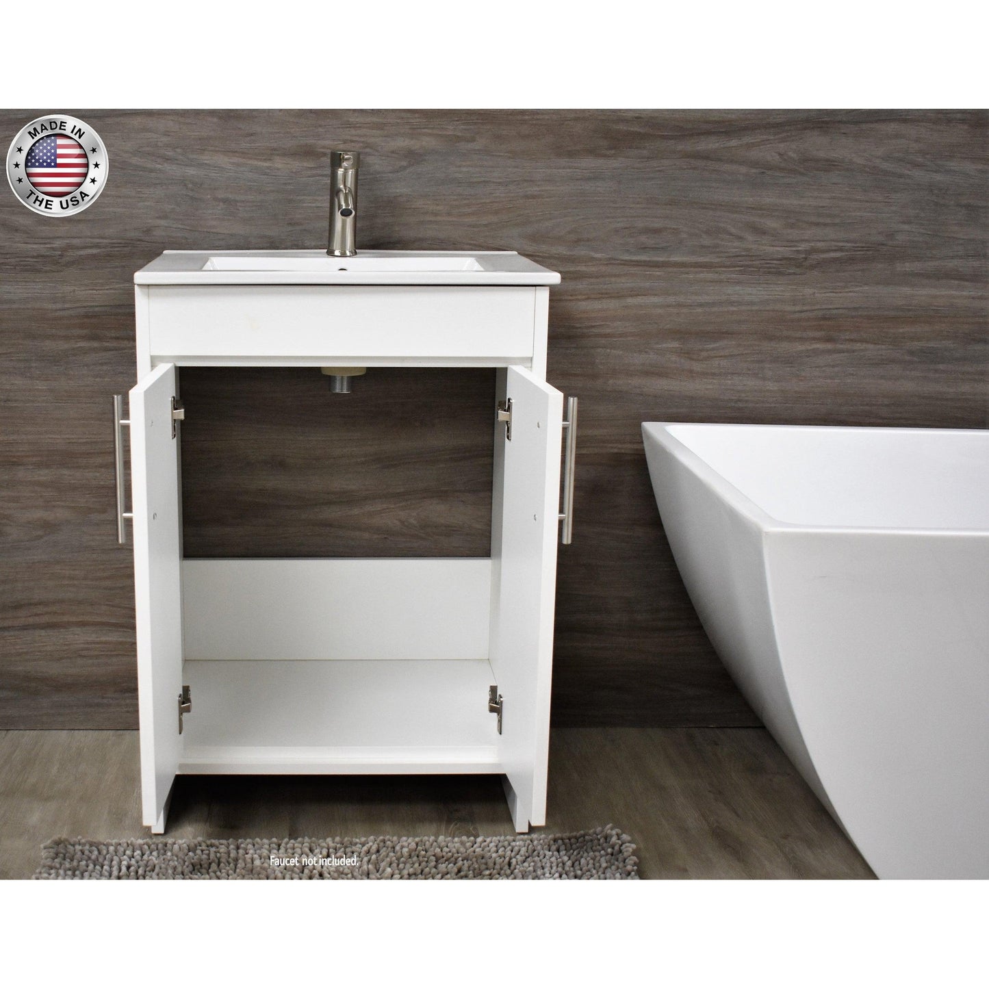 Volpa USA Villa 24" White Freestanding Modern Bathroom Vanity With Integrated Ceramic Top and Brushed Nickel Round Handles