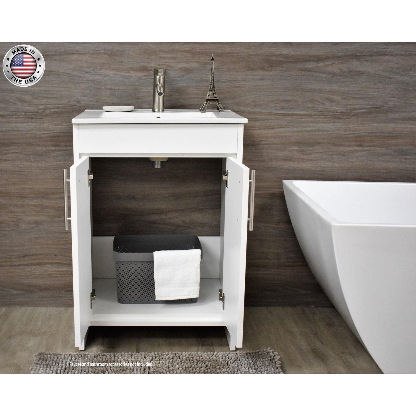 Volpa USA Villa 24" White Freestanding Modern Bathroom Vanity With Integrated Ceramic Top and Brushed Nickel Round Handles