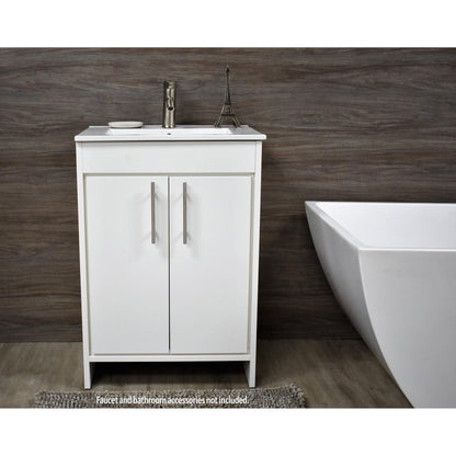 Volpa USA Villa 24" White Freestanding Modern Bathroom Vanity With Integrated Ceramic Top and Brushed Nickel Round Handles