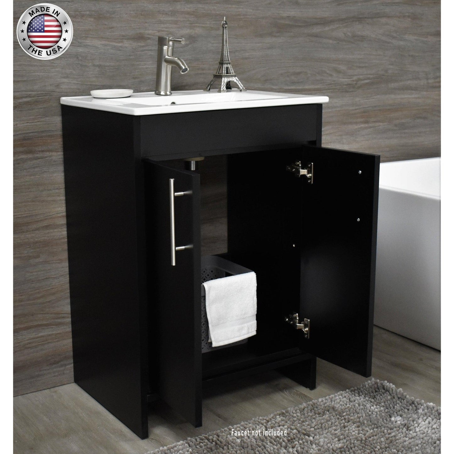 Volpa USA Villa 30" Black Freestanding Modern Bathroom Vanity With Integrated Ceramic Top And Brushed Nickel Round Handles