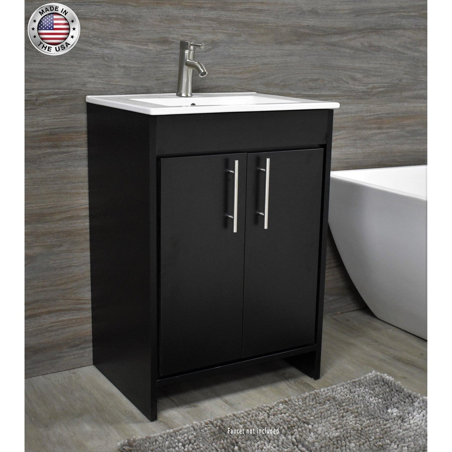 Volpa USA Villa 30" Black Freestanding Modern Bathroom Vanity With Integrated Ceramic Top And Brushed Nickel Round Handles