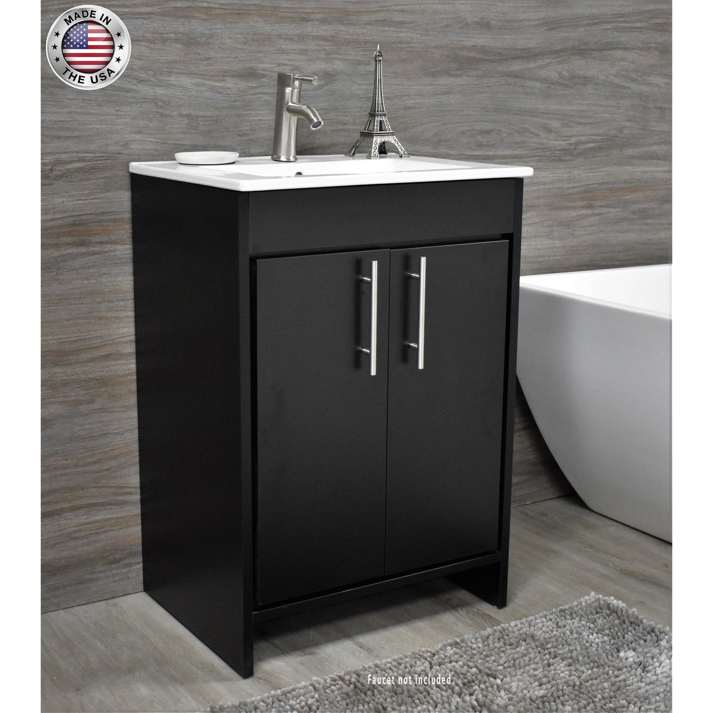 Volpa USA Villa 30" Black Freestanding Modern Bathroom Vanity With Integrated Ceramic Top And Brushed Nickel Round Handles