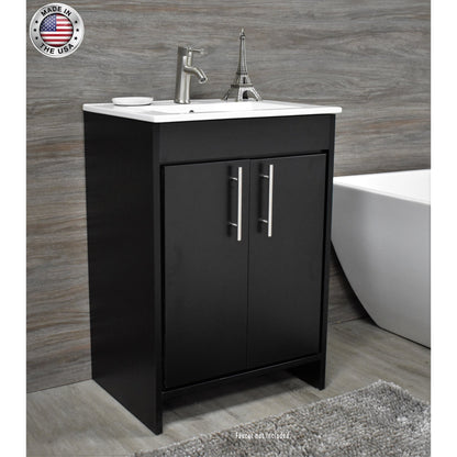 Volpa USA Villa 30" Black Freestanding Modern Bathroom Vanity With Integrated Ceramic Top And Brushed Nickel Round Handles