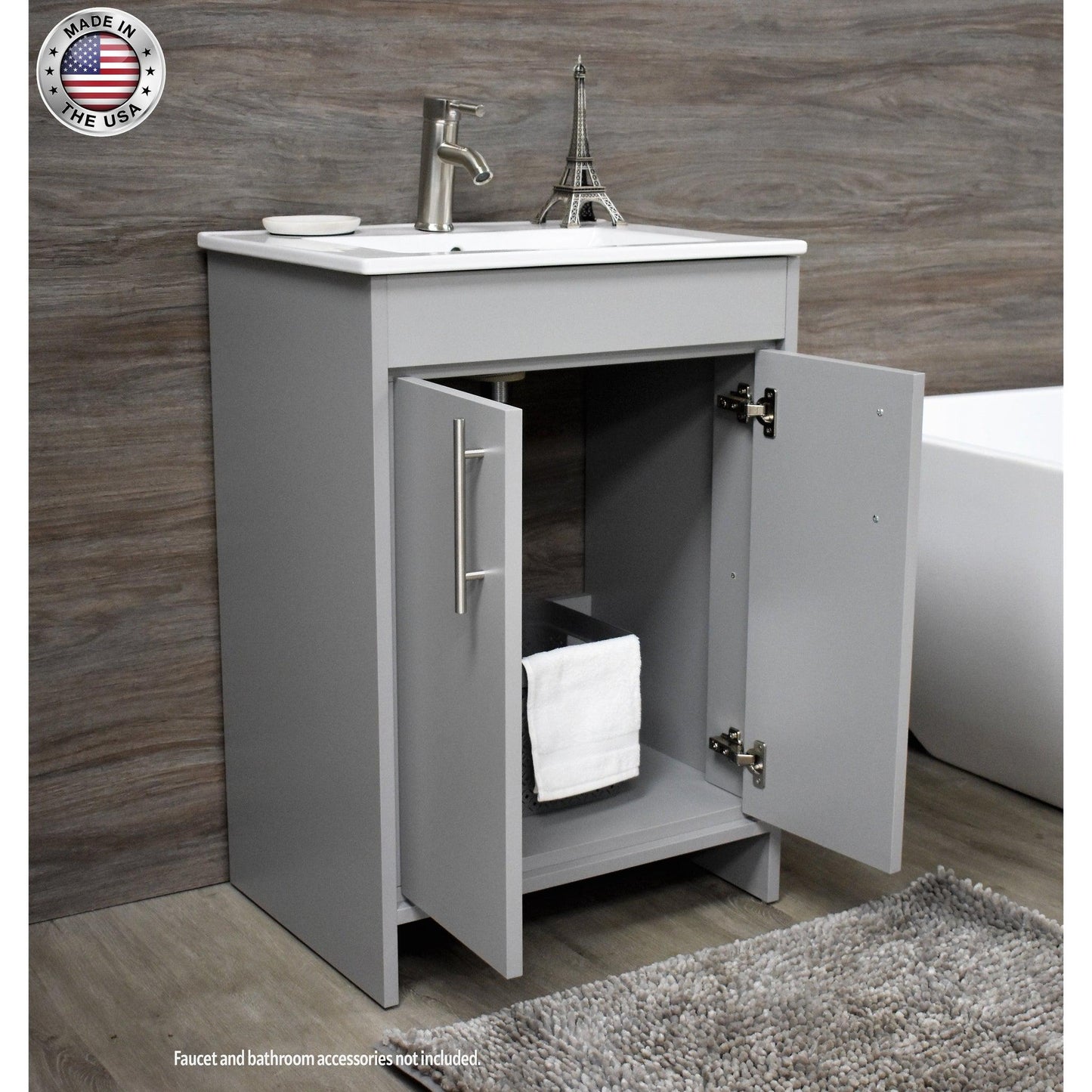 Volpa USA Villa 30" Gray Freestanding Modern Bathroom Vanity With Integrated Ceramic Top and Brushed Nickel Round Handles