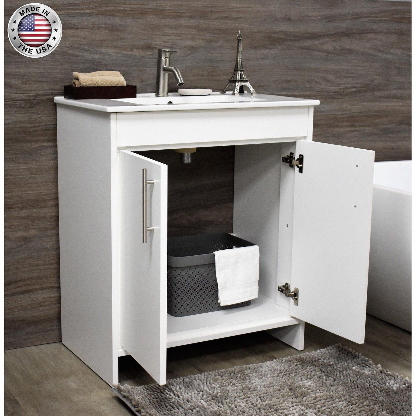 Volpa USA Villa 30" White Freestanding Modern Bathroom Vanity With Integrated Ceramic Top and Brushed Nickel Round Handles