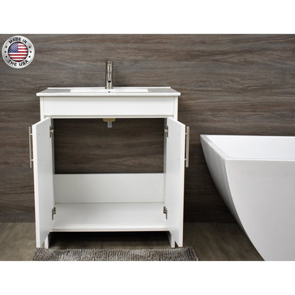 Volpa USA Villa 30" White Freestanding Modern Bathroom Vanity With Integrated Ceramic Top and Brushed Nickel Round Handles