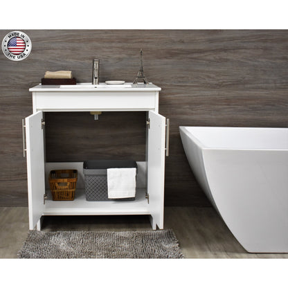 Volpa USA Villa 30" White Freestanding Modern Bathroom Vanity With Integrated Ceramic Top and Brushed Nickel Round Handles