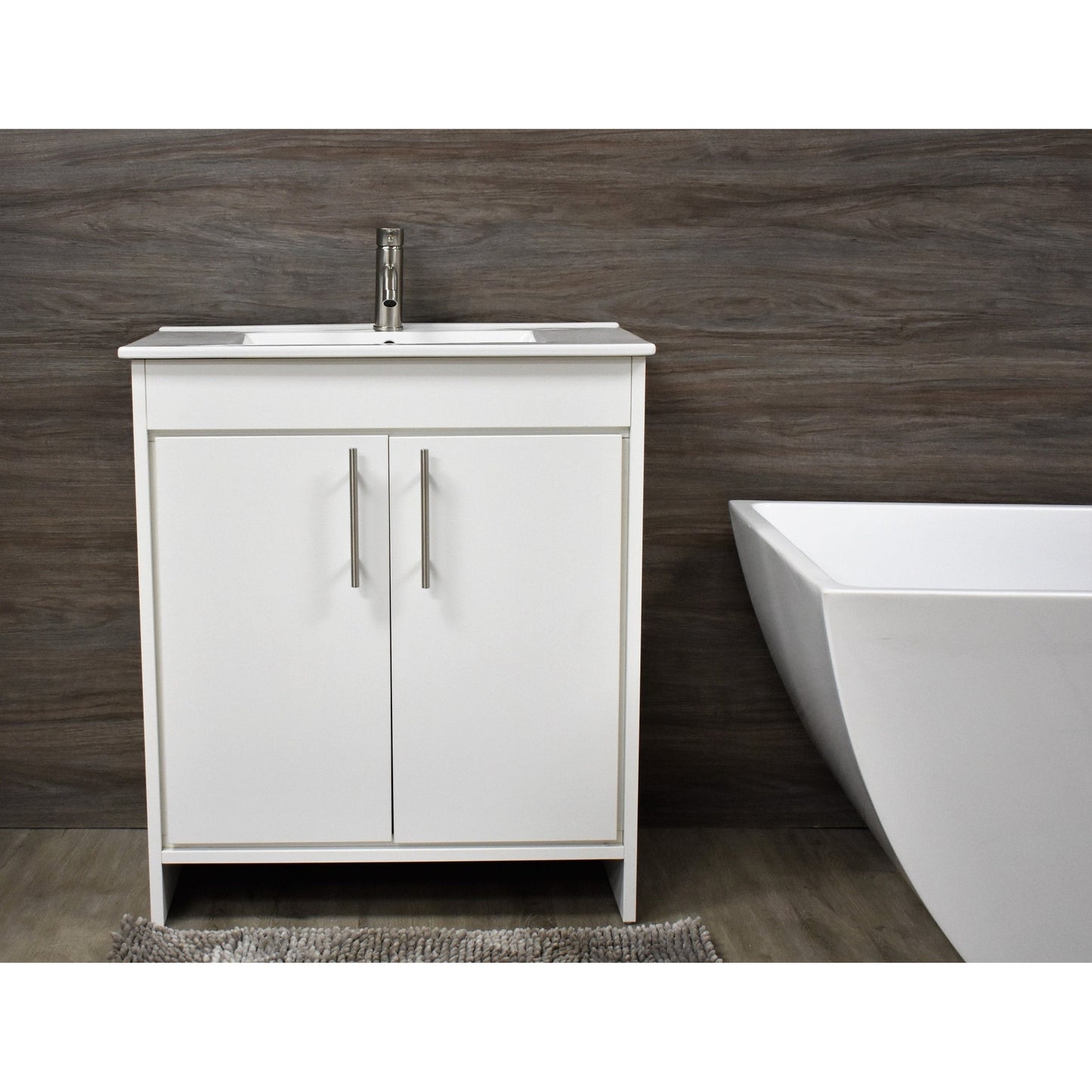 Volpa USA Villa 30" White Freestanding Modern Bathroom Vanity With Integrated Ceramic Top and Brushed Nickel Round Handles