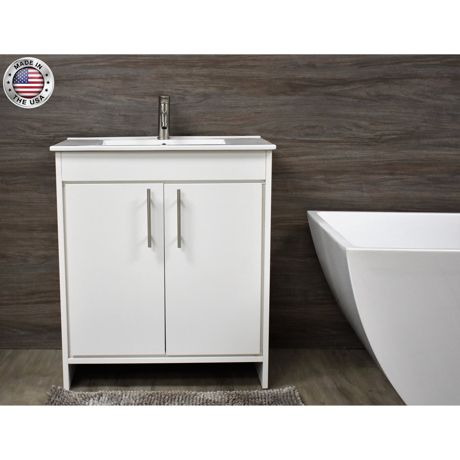 Volpa USA Villa 30" White Freestanding Modern Bathroom Vanity With Integrated Ceramic Top and Brushed Nickel Round Handles