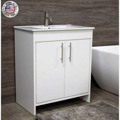 Volpa USA Villa 30" White Freestanding Modern Bathroom Vanity With Integrated Ceramic Top and Brushed Nickel Round Handles