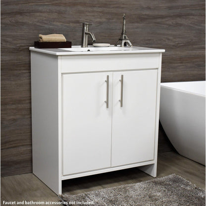 Volpa USA Villa 30" White Freestanding Modern Bathroom Vanity With Integrated Ceramic Top and Brushed Nickel Round Handles