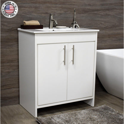 Volpa USA Villa 30" White Freestanding Modern Bathroom Vanity With Integrated Ceramic Top and Brushed Nickel Round Handles