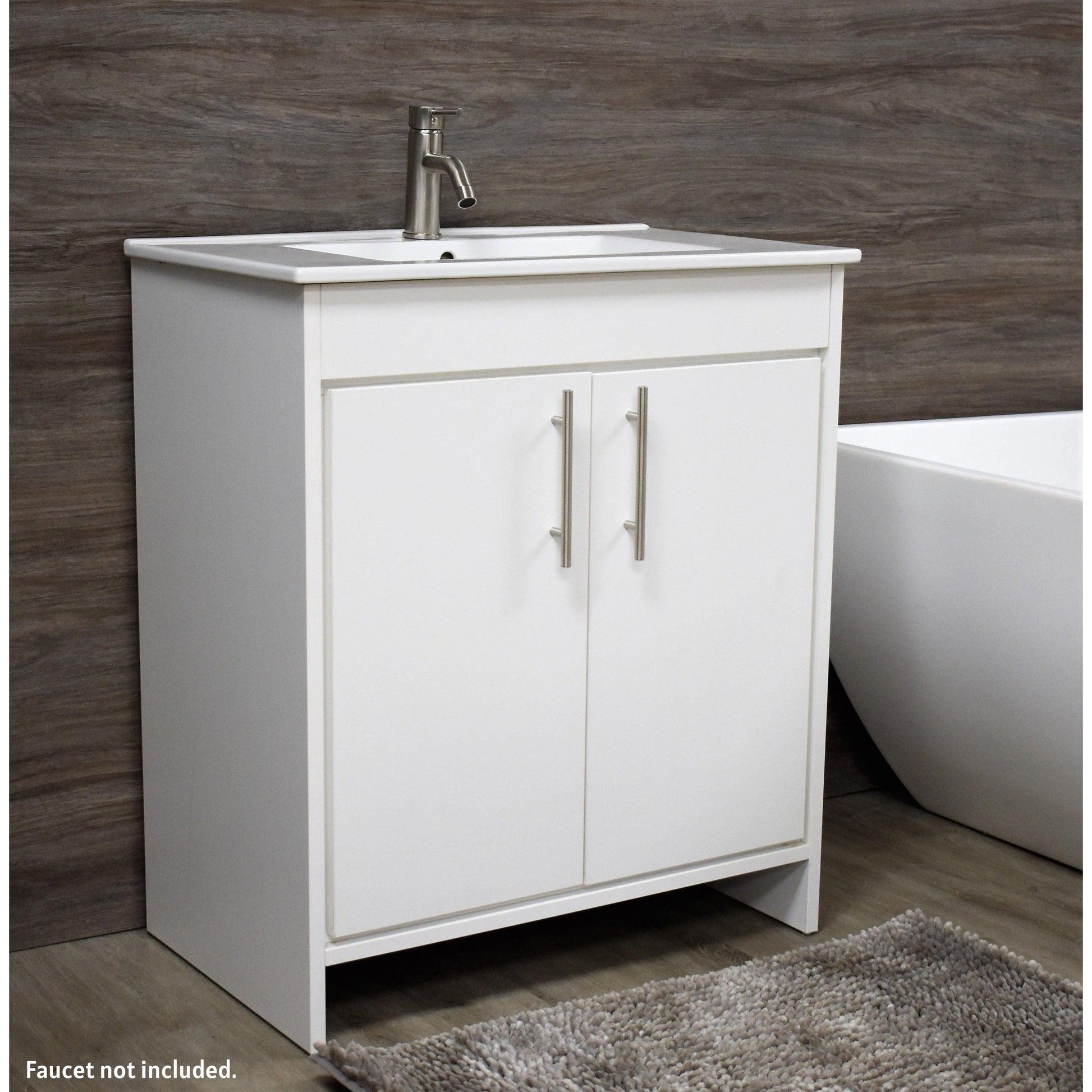 Volpa USA Villa 30" White Freestanding Modern Bathroom Vanity With Integrated Ceramic Top and Brushed Nickel Round Handles