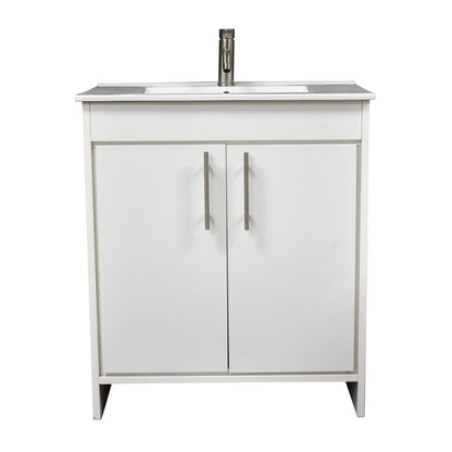 Volpa USA Villa 30" White Freestanding Modern Bathroom Vanity With Integrated Ceramic Top and Brushed Nickel Round Handles