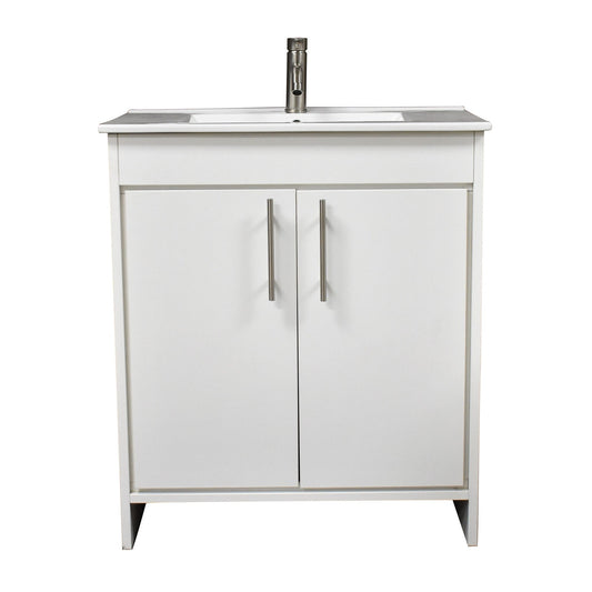 Volpa USA Villa 30" White Freestanding Modern Bathroom Vanity With Integrated Ceramic Top and Brushed Nickel Round Handles