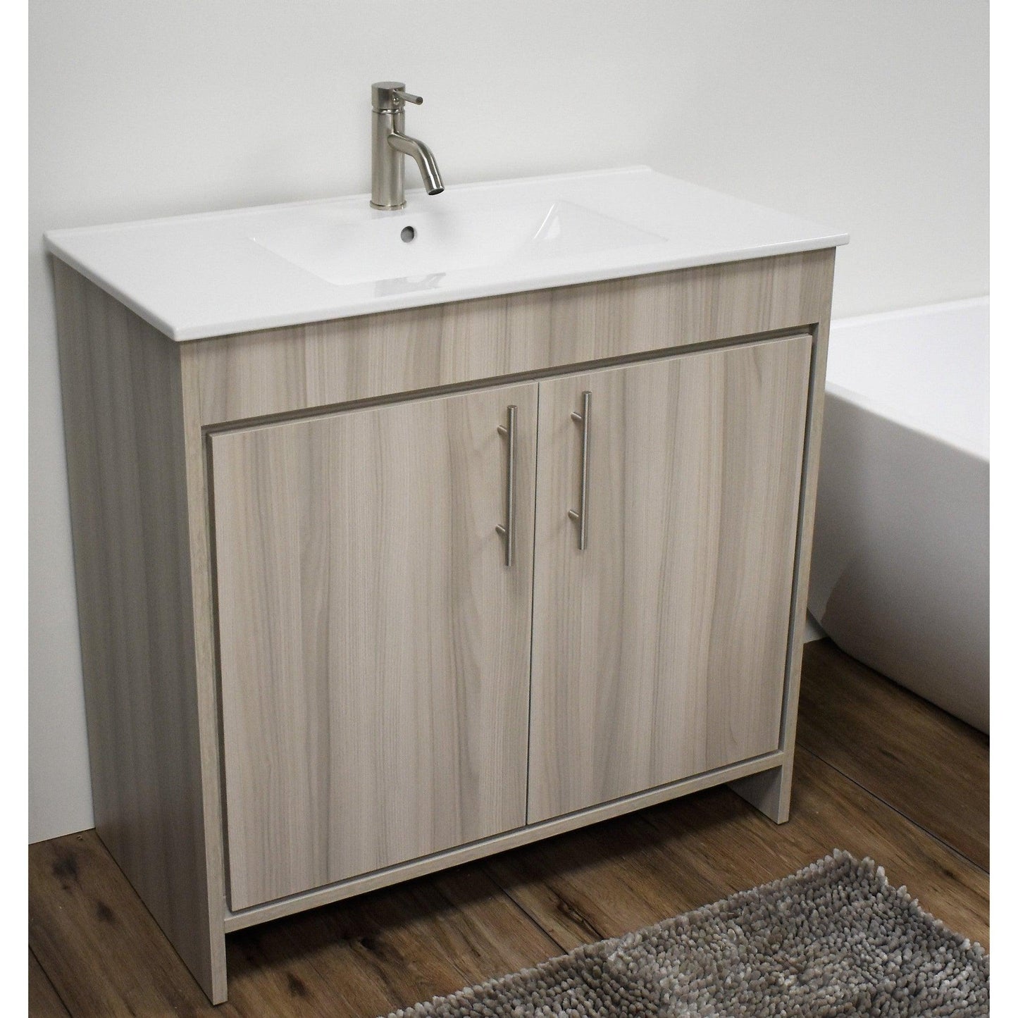 Volpa USA Villa 36" Ash Gray Freestanding Modern Bathroom Vanity With Integrated Ceramic Top and Brushed Nickel Round Handles