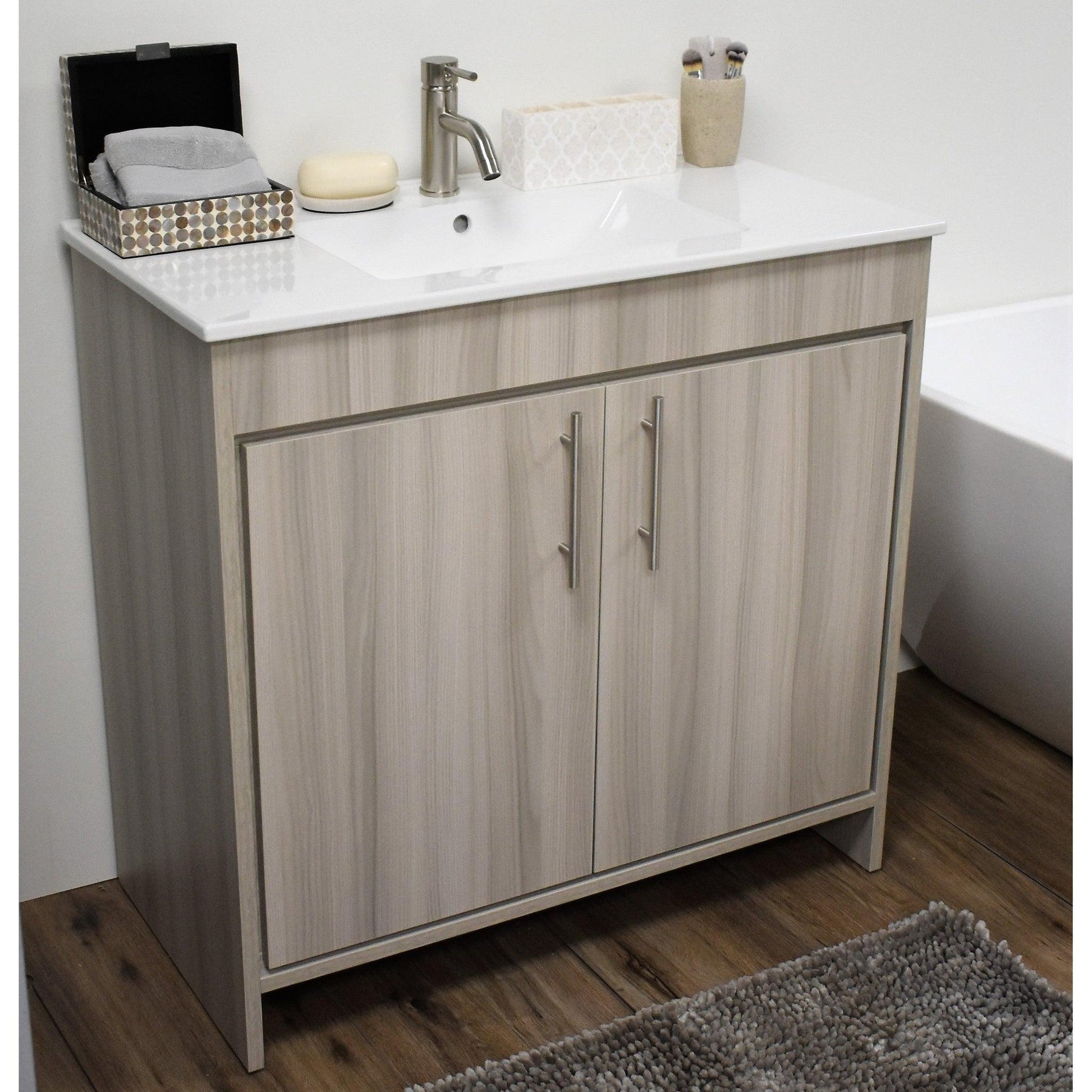 Volpa USA Villa 36" Ash Gray Freestanding Modern Bathroom Vanity With Integrated Ceramic Top and Brushed Nickel Round Handles