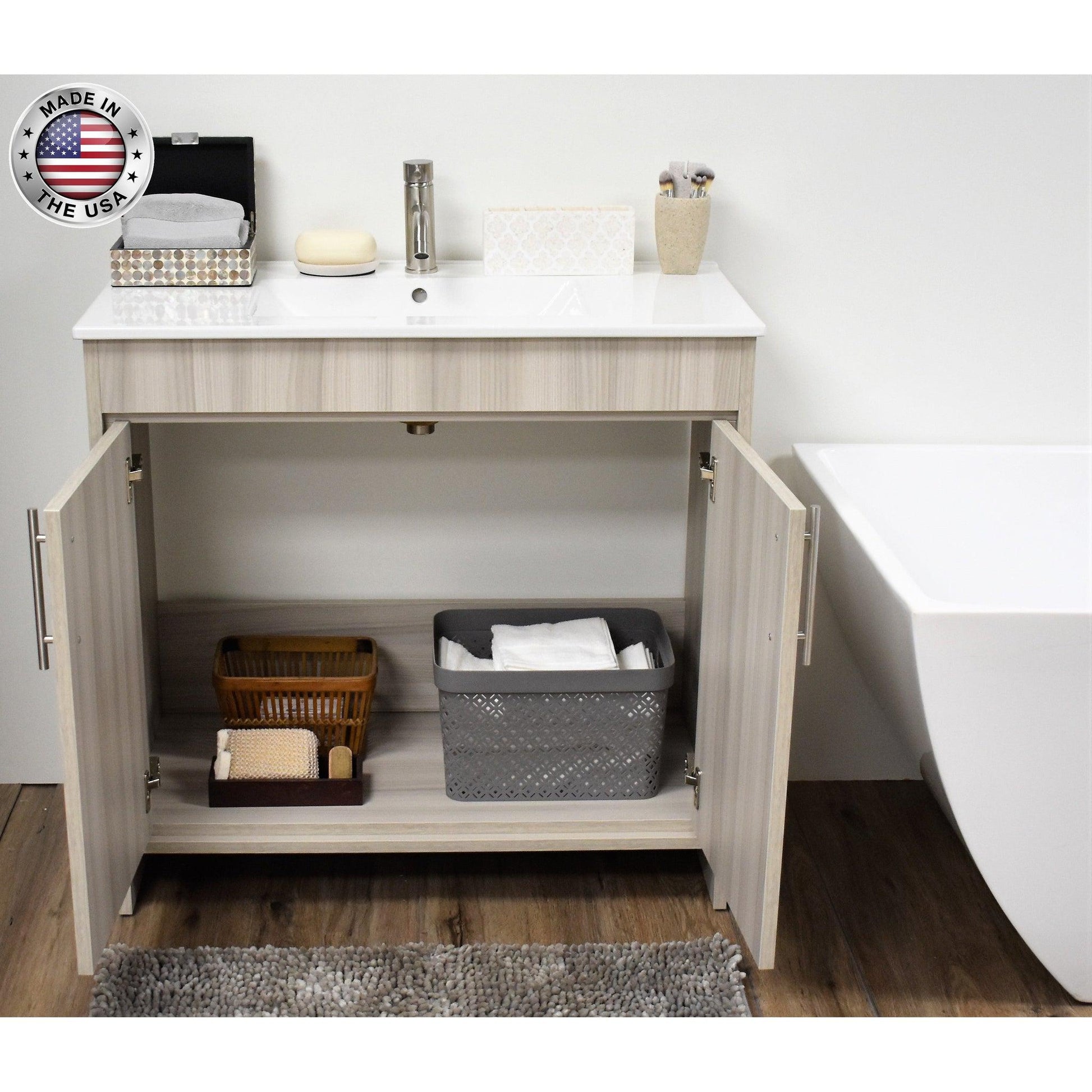 Volpa USA Villa 36" Ash Gray Freestanding Modern Bathroom Vanity With Integrated Ceramic Top and Brushed Nickel Round Handles