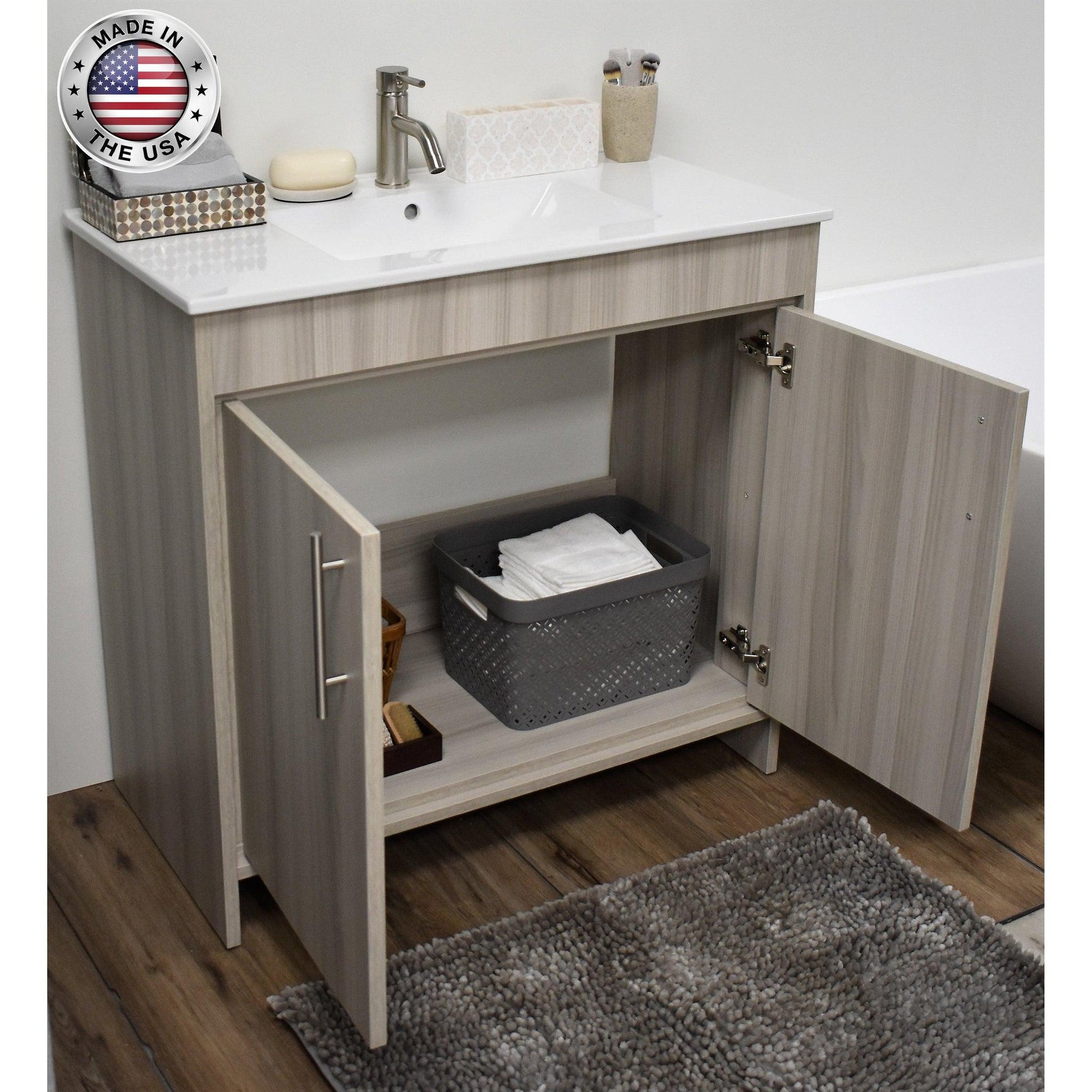 Volpa USA Villa 36" Ash Gray Freestanding Modern Bathroom Vanity With Integrated Ceramic Top and Brushed Nickel Round Handles