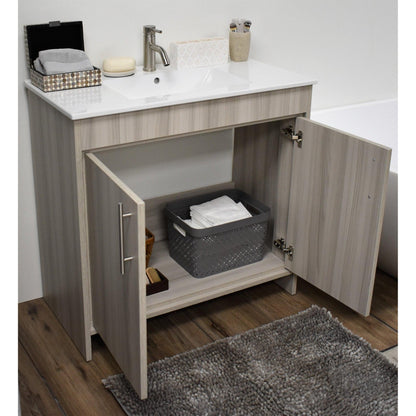 Volpa USA Villa 36" Ash Gray Freestanding Modern Bathroom Vanity With Integrated Ceramic Top and Brushed Nickel Round Handles