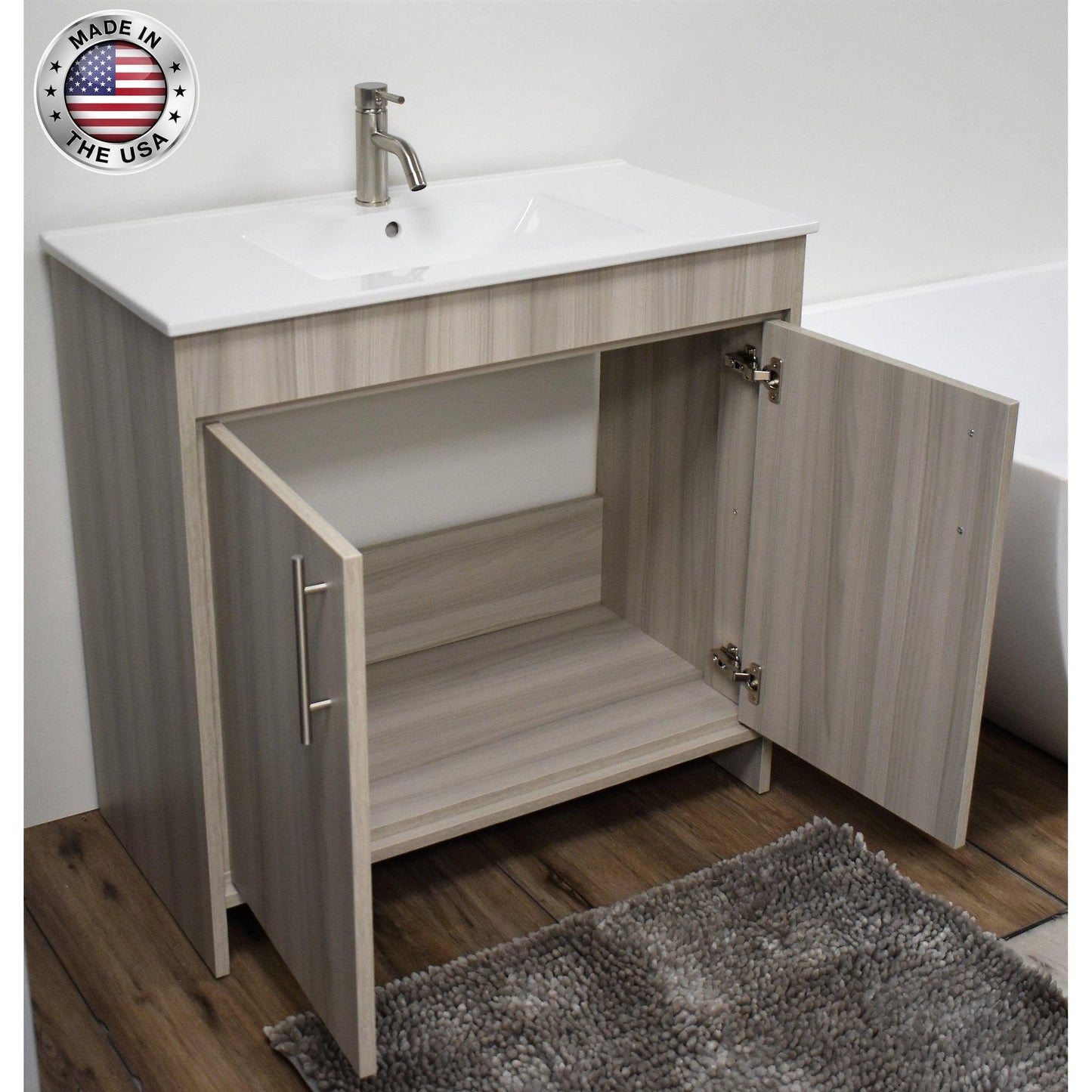 Volpa USA Villa 36" Ash Gray Freestanding Modern Bathroom Vanity With Integrated Ceramic Top and Brushed Nickel Round Handles