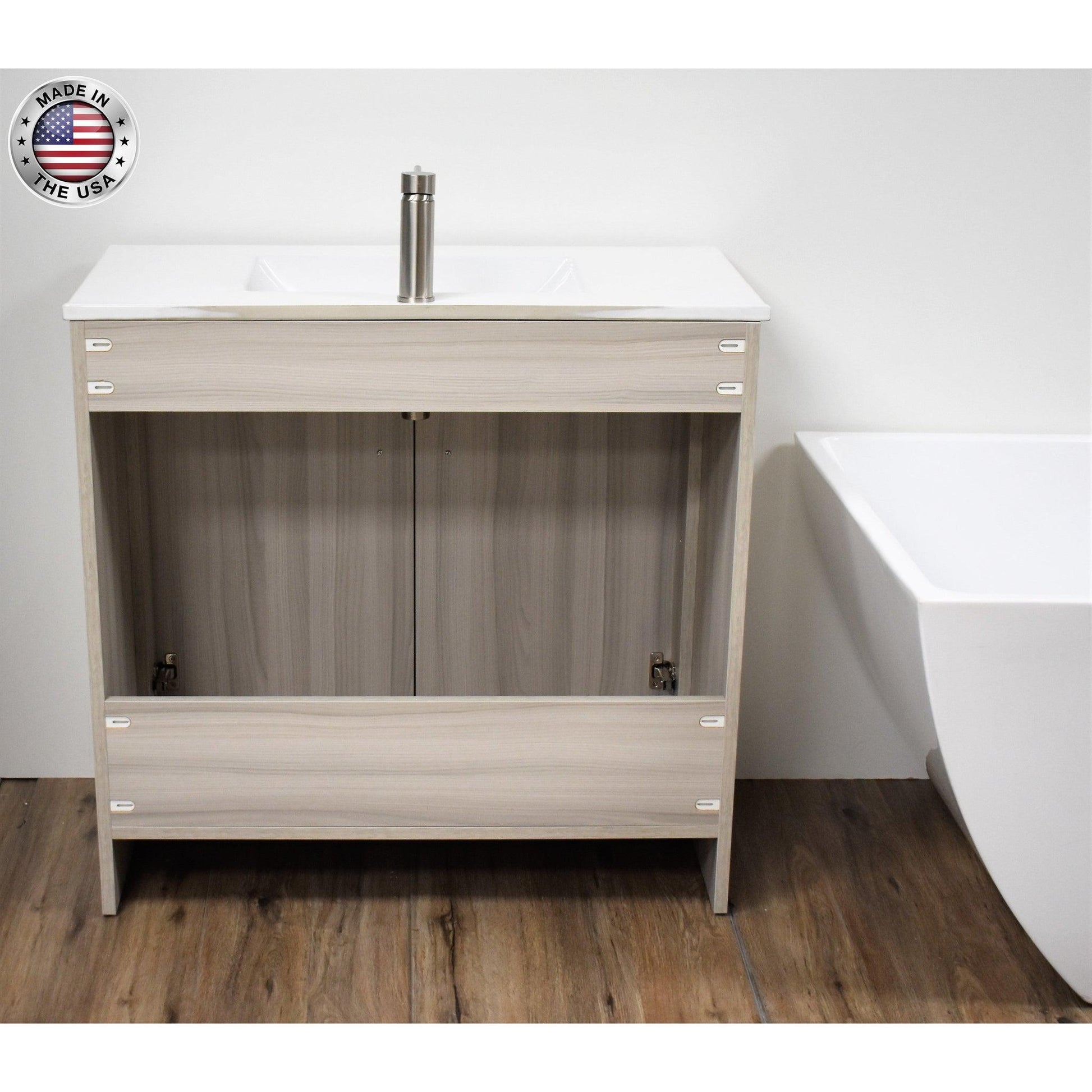 Volpa USA Villa 36" Ash Gray Freestanding Modern Bathroom Vanity With Integrated Ceramic Top and Brushed Nickel Round Handles