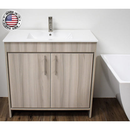 Volpa USA Villa 36" Ash Gray Freestanding Modern Bathroom Vanity With Integrated Ceramic Top and Brushed Nickel Round Handles