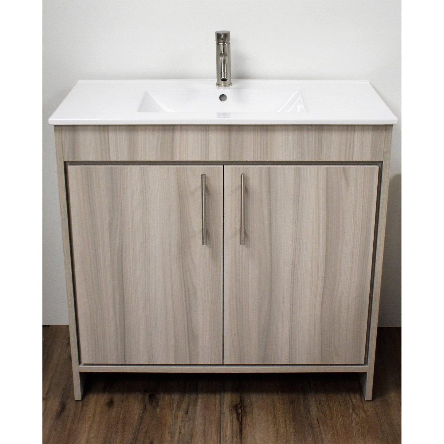 Volpa USA Villa 36" Ash Gray Freestanding Modern Bathroom Vanity With Integrated Ceramic Top and Brushed Nickel Round Handles