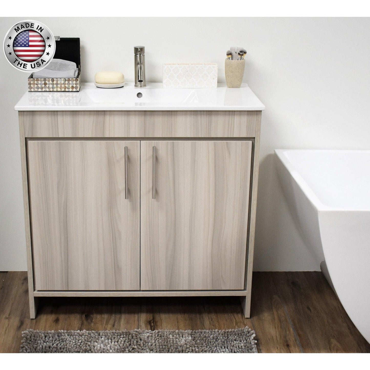 Volpa USA Villa 36" Ash Gray Freestanding Modern Bathroom Vanity With Integrated Ceramic Top and Brushed Nickel Round Handles