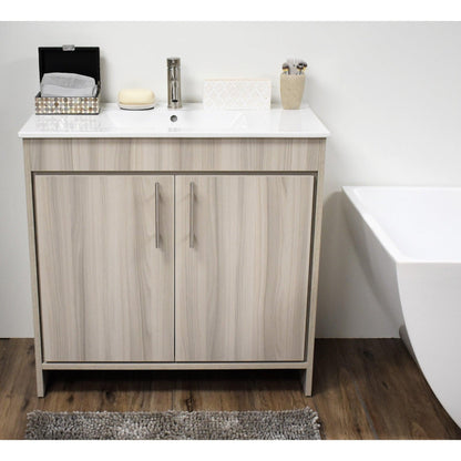 Volpa USA Villa 36" Ash Gray Freestanding Modern Bathroom Vanity With Integrated Ceramic Top and Brushed Nickel Round Handles