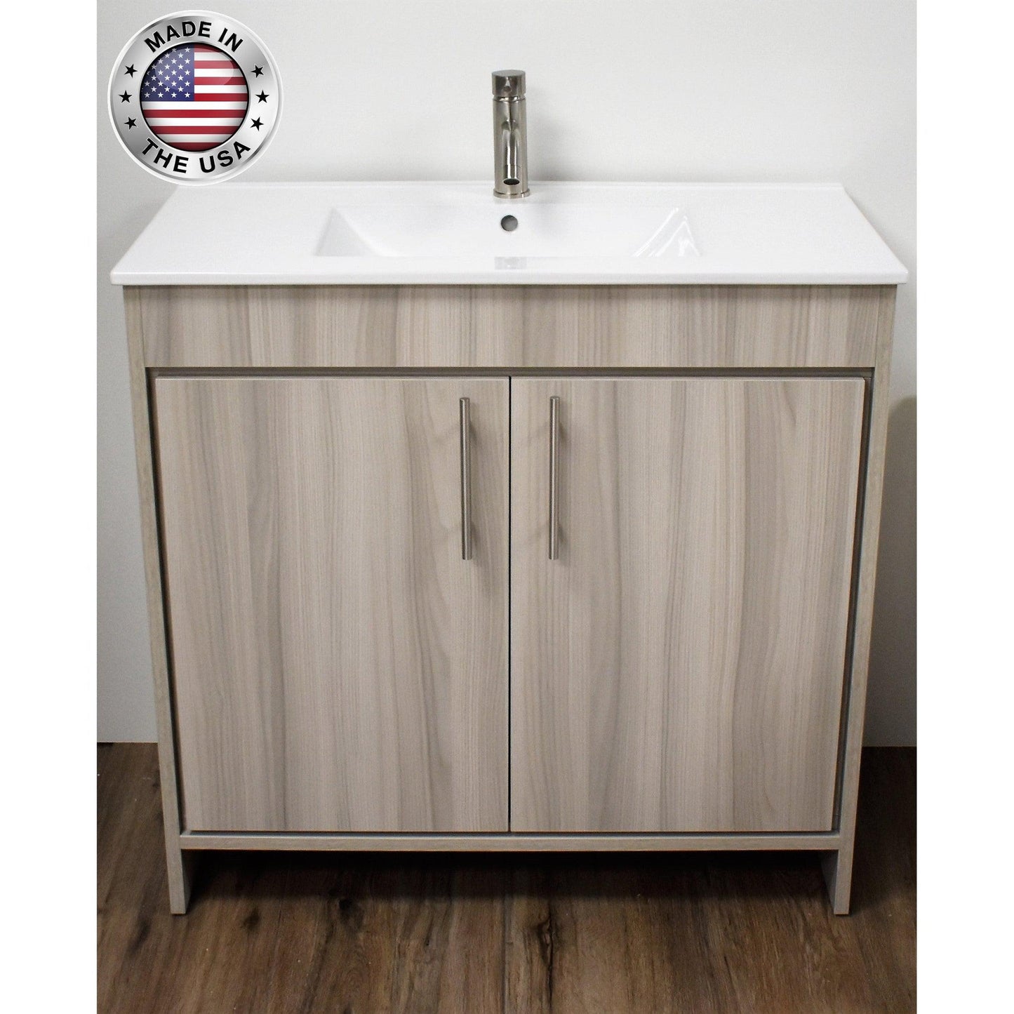 Volpa USA Villa 36" Ash Gray Freestanding Modern Bathroom Vanity With Integrated Ceramic Top and Brushed Nickel Round Handles
