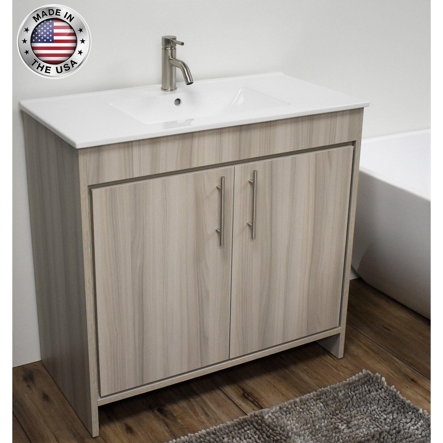 Volpa USA Villa 36" Ash Gray Freestanding Modern Bathroom Vanity With Integrated Ceramic Top and Brushed Nickel Round Handles