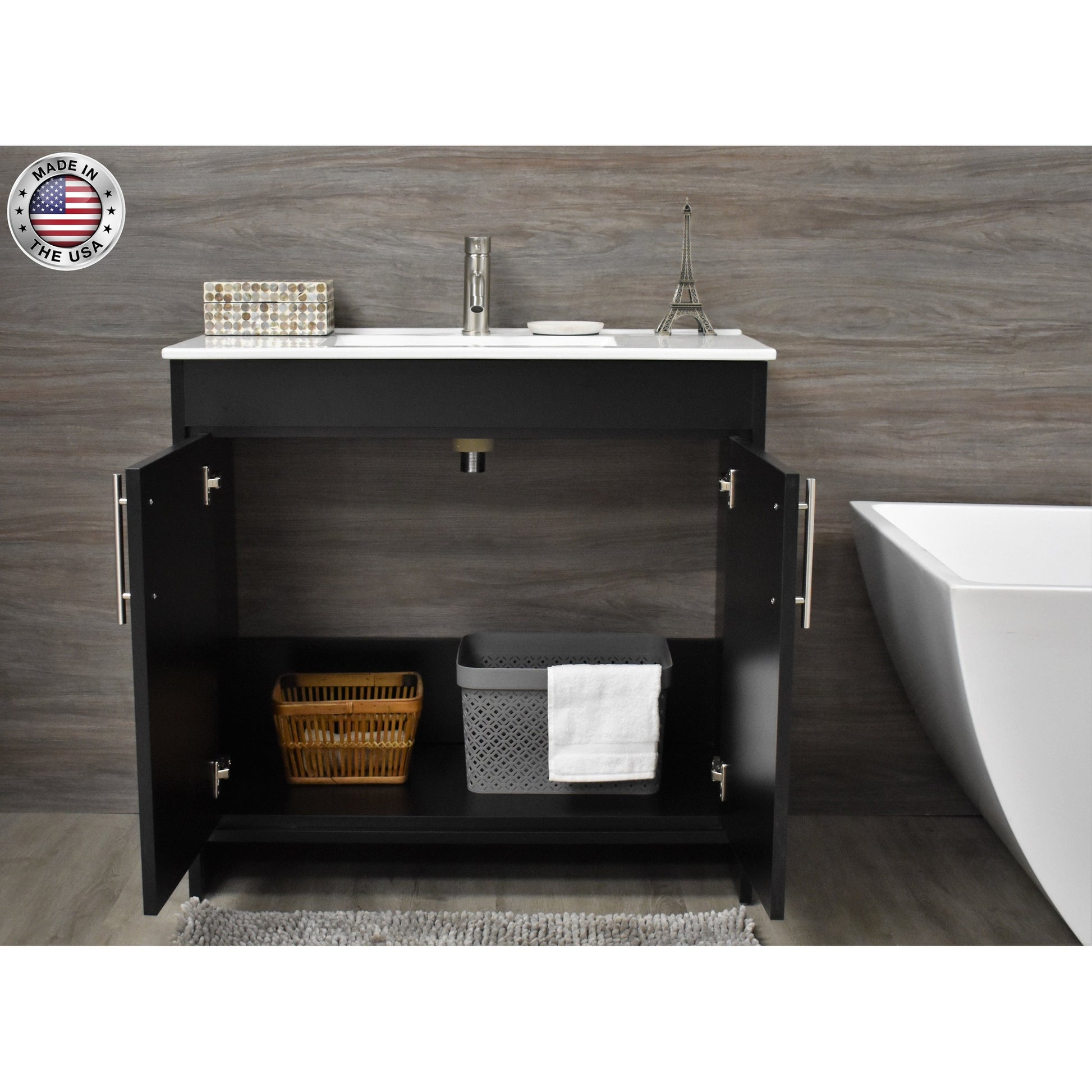 Volpa USA Villa 36" Black Freestanding Modern Bathroom Vanity With Integrated Ceramic Top and Brushed Nickel Round Handles