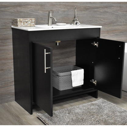 Volpa USA Villa 36" Black Freestanding Modern Bathroom Vanity With Integrated Ceramic Top and Brushed Nickel Round Handles