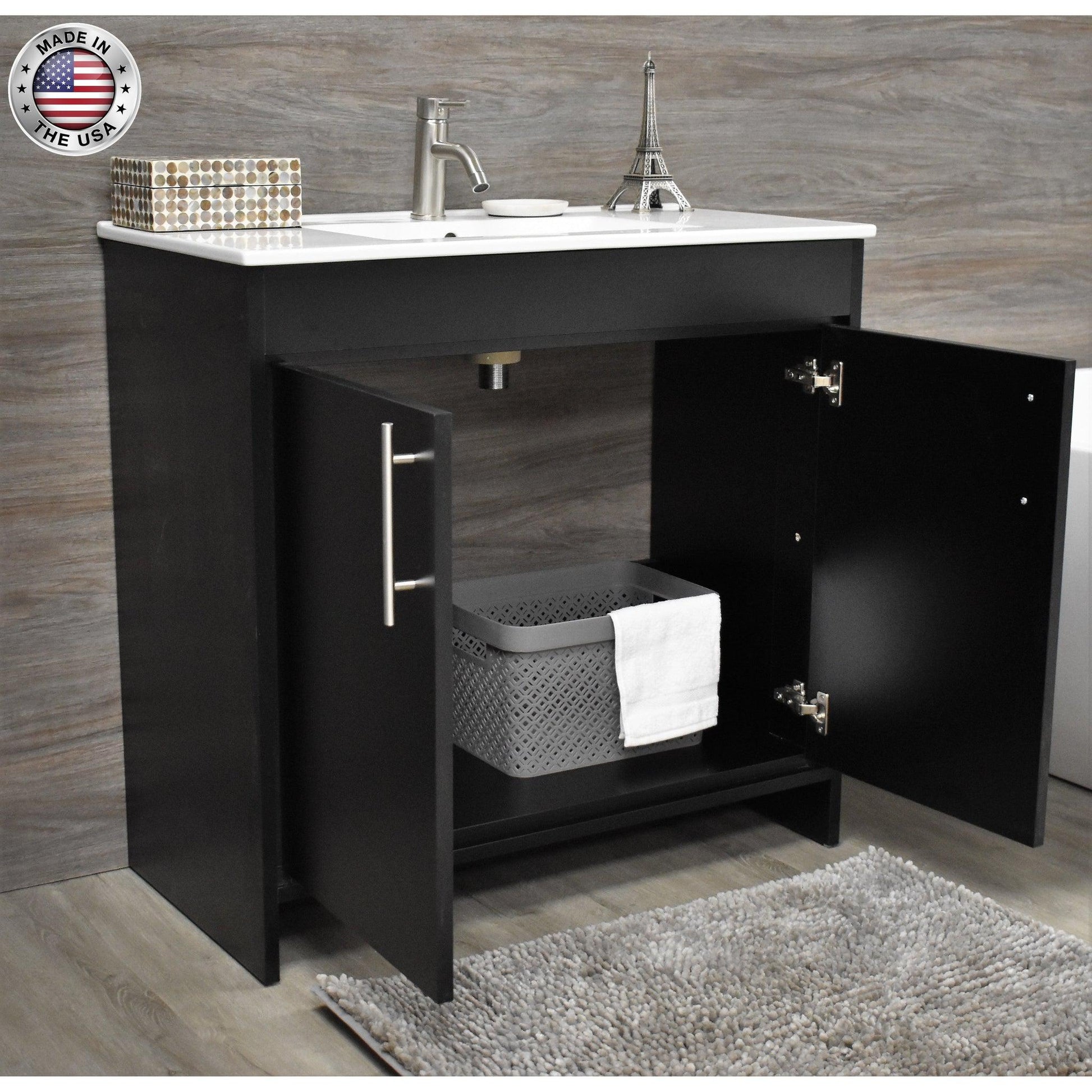 Volpa USA Villa 36" Black Freestanding Modern Bathroom Vanity With Integrated Ceramic Top and Brushed Nickel Round Handles