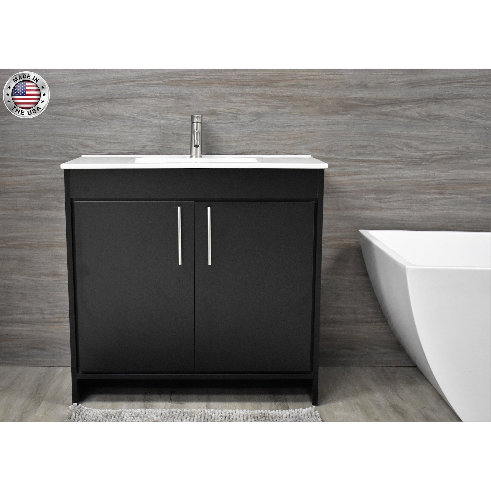 Volpa USA Villa 36" Black Freestanding Modern Bathroom Vanity With Integrated Ceramic Top and Brushed Nickel Round Handles