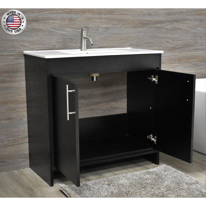 Volpa USA Villa 36" Black Freestanding Modern Bathroom Vanity With Integrated Ceramic Top and Brushed Nickel Round Handles