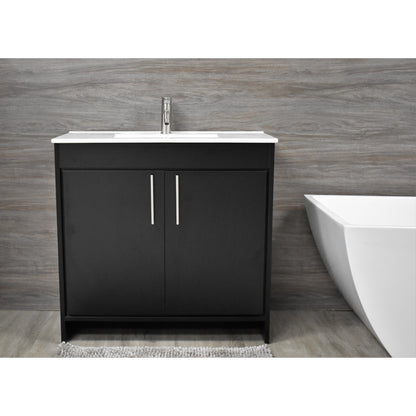 Volpa USA Villa 36" Black Freestanding Modern Bathroom Vanity With Integrated Ceramic Top and Brushed Nickel Round Handles