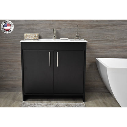 Volpa USA Villa 36" Black Freestanding Modern Bathroom Vanity With Integrated Ceramic Top and Brushed Nickel Round Handles