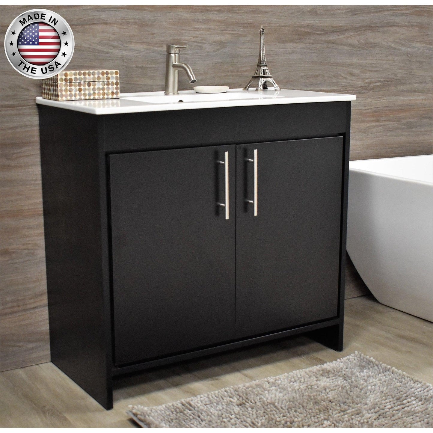 Volpa USA Villa 36" Black Freestanding Modern Bathroom Vanity With Integrated Ceramic Top and Brushed Nickel Round Handles