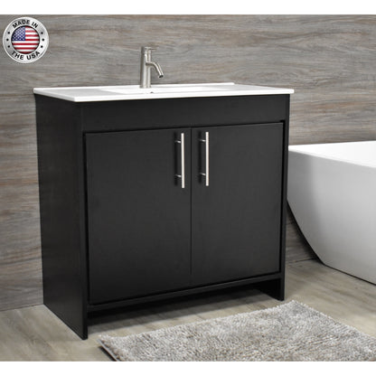 Volpa USA Villa 36" Black Freestanding Modern Bathroom Vanity With Integrated Ceramic Top and Brushed Nickel Round Handles