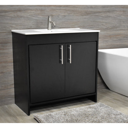 Volpa USA Villa 36" Black Freestanding Modern Bathroom Vanity With Integrated Ceramic Top and Brushed Nickel Round Handles