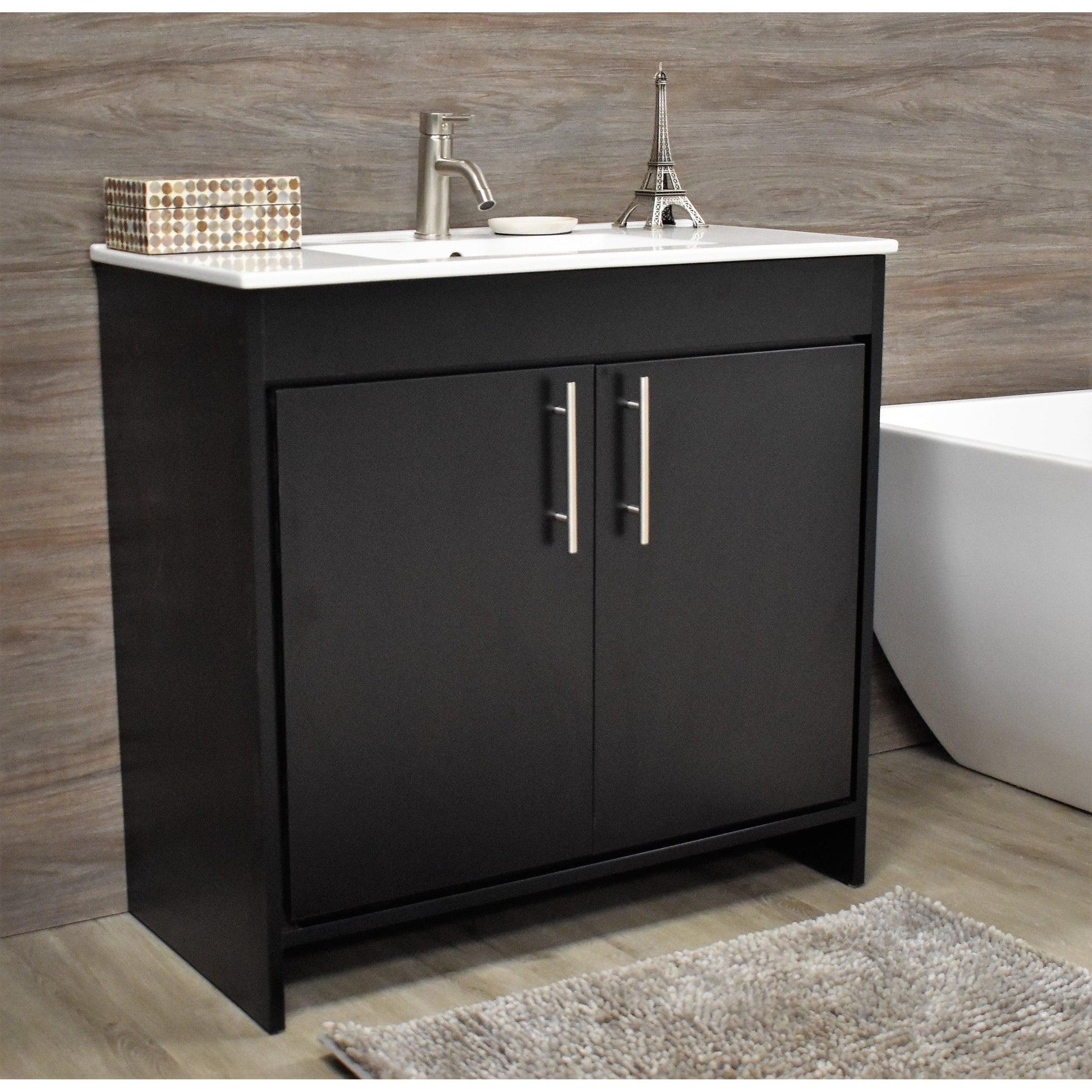 Volpa USA Villa 36" Black Freestanding Modern Bathroom Vanity With Integrated Ceramic Top and Brushed Nickel Round Handles