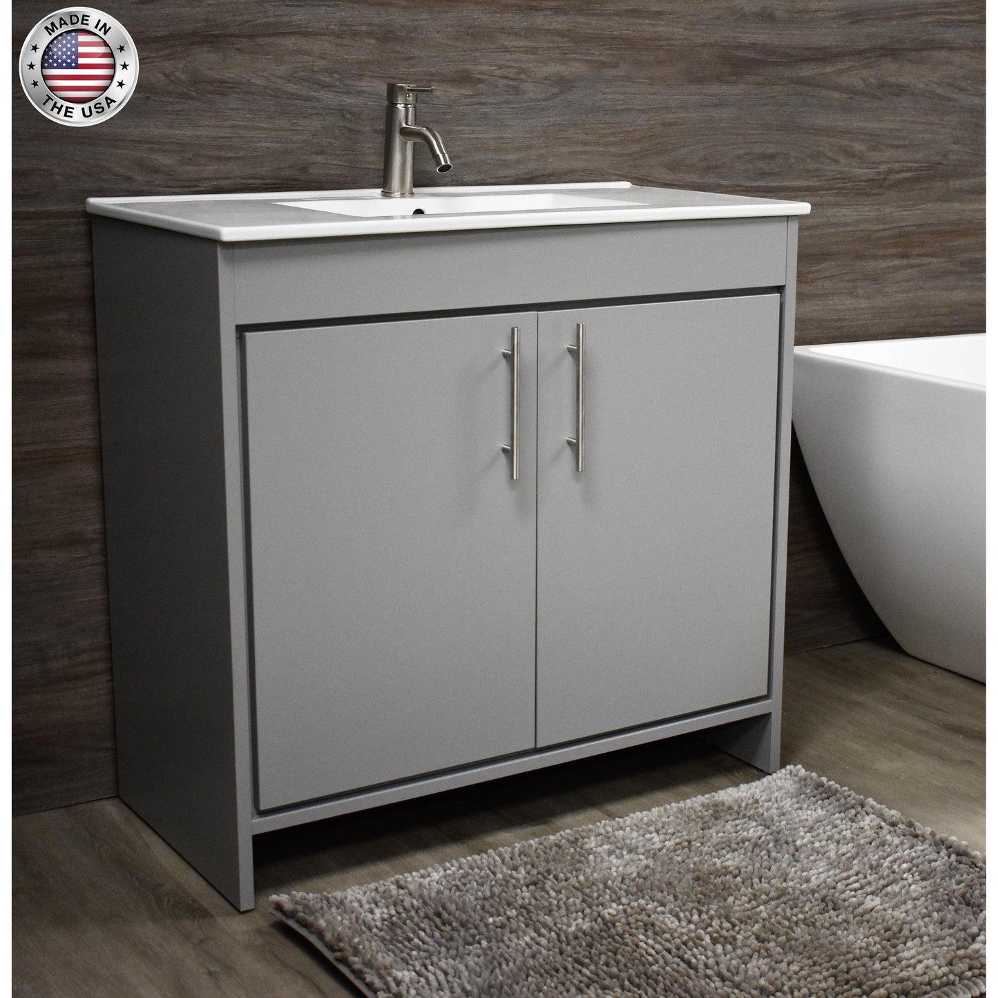 Volpa USA Villa 36" Gray Freestanding Modern Bathroom Vanity With Integrated Ceramic Top and Brushed Nickel Round Handles