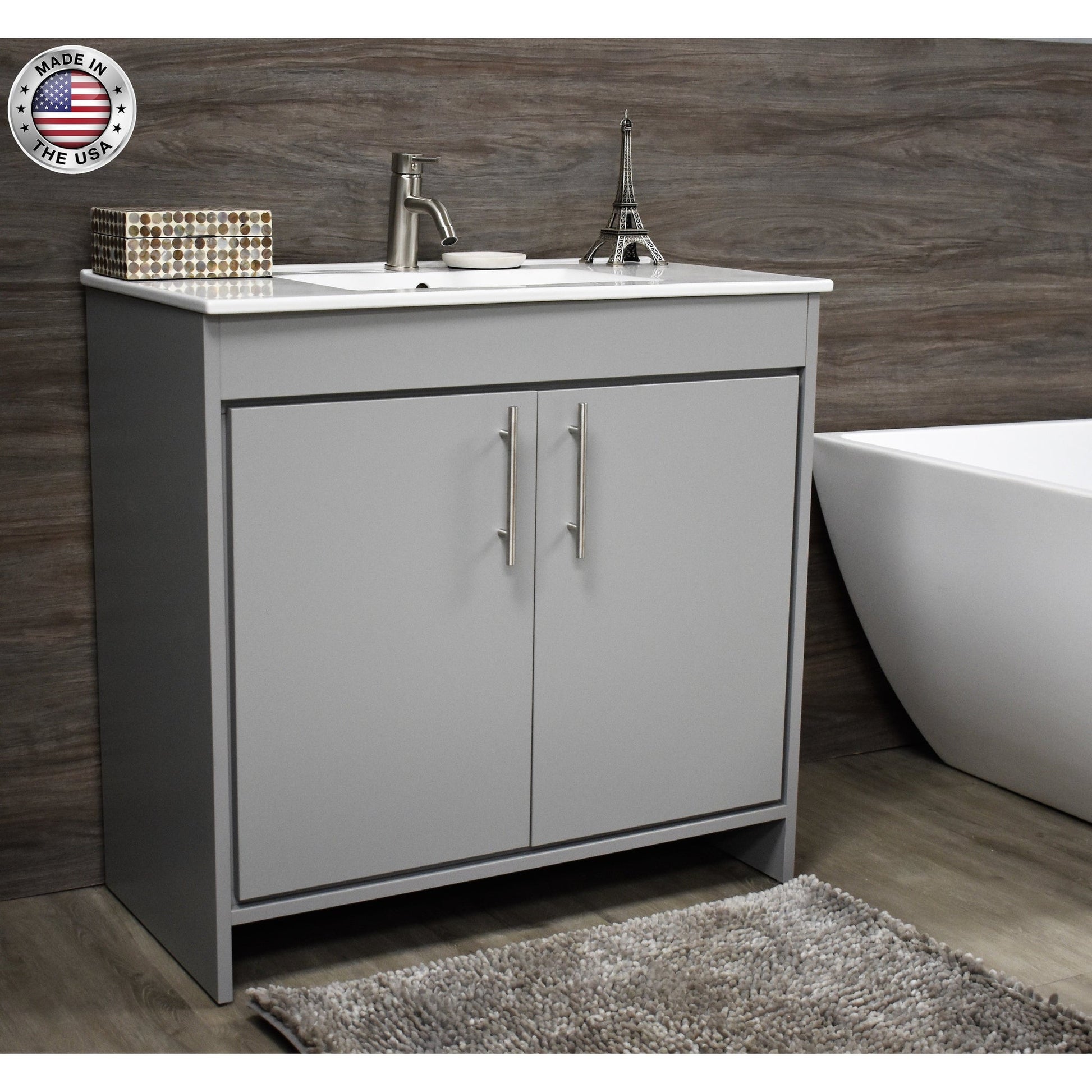 Volpa USA Villa 36" Gray Freestanding Modern Bathroom Vanity With Integrated Ceramic Top and Brushed Nickel Round Handles