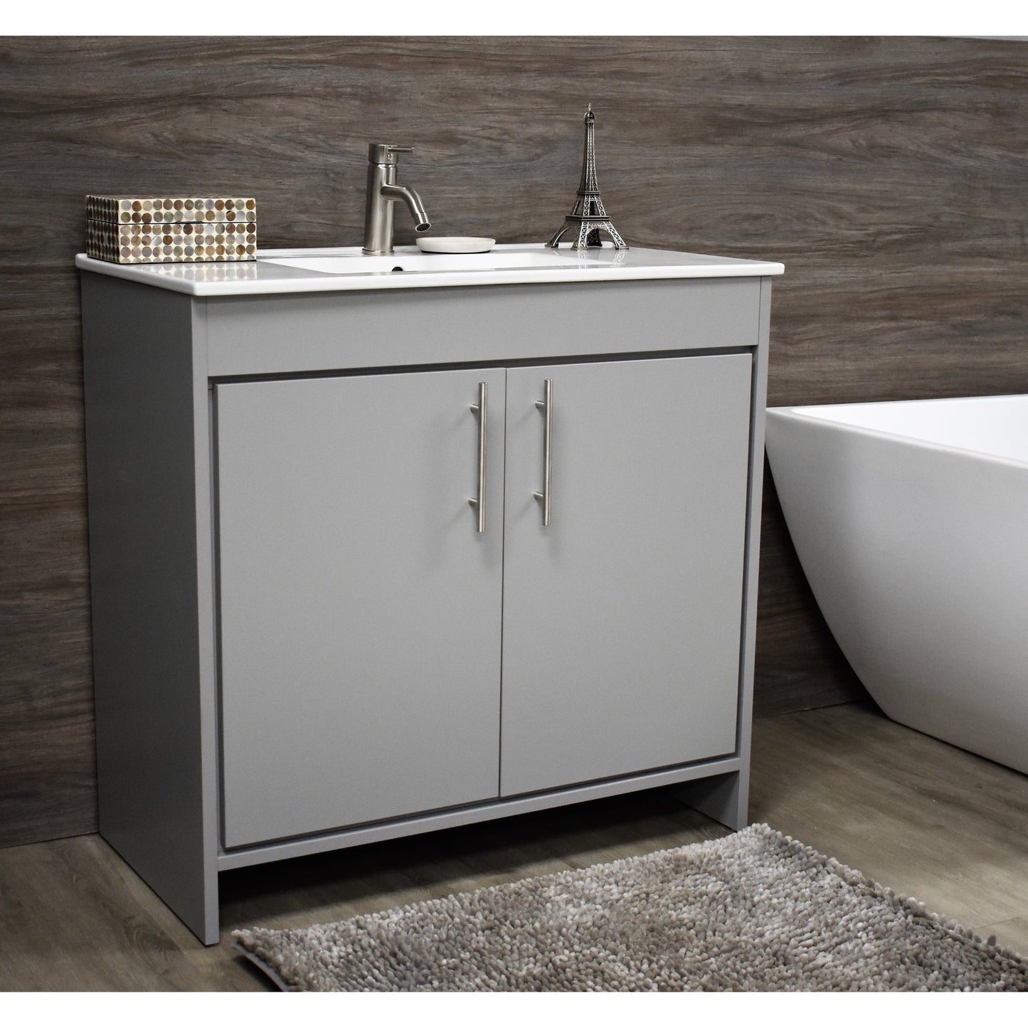 Volpa USA Villa 36" Gray Freestanding Modern Bathroom Vanity With Integrated Ceramic Top and Brushed Nickel Round Handles