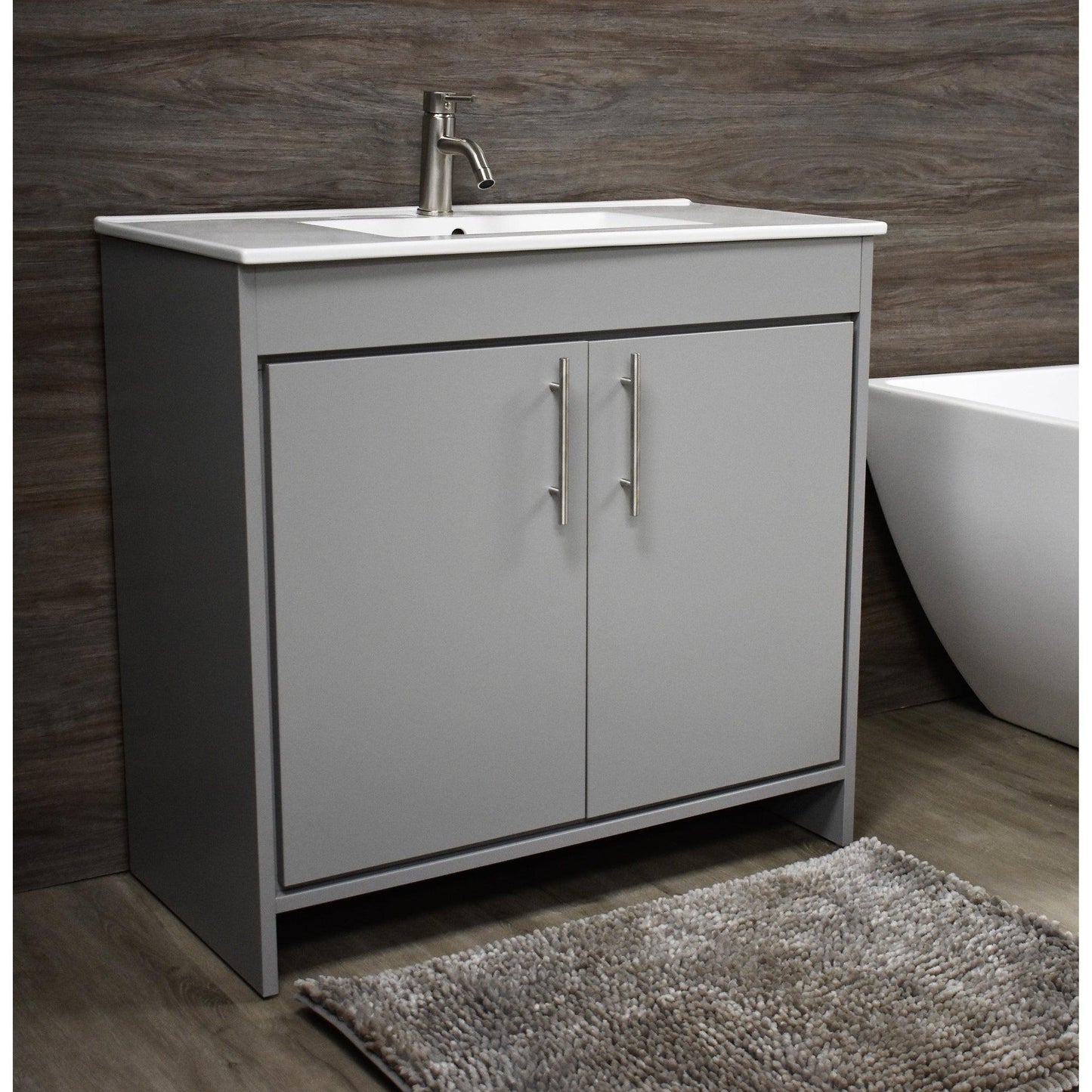 Volpa USA Villa 36" Gray Freestanding Modern Bathroom Vanity With Integrated Ceramic Top and Brushed Nickel Round Handles